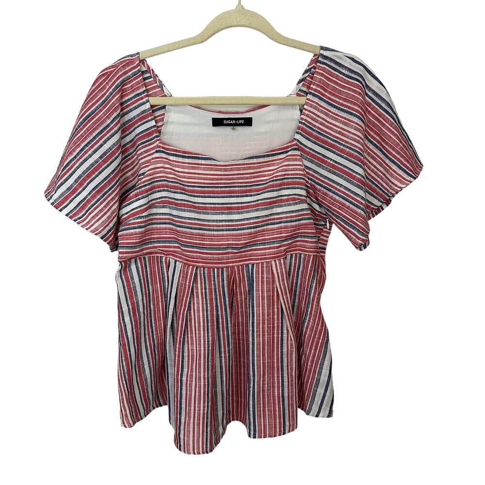 Sugar Lips Womens Top Size S Red White Blue Striped Square Neck Cotton Rayon
